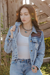 Sky Blue Distressed Tribal Patch Denim Jacket