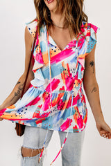 Multicolor Abstract Print V Neck Ruffled Tank