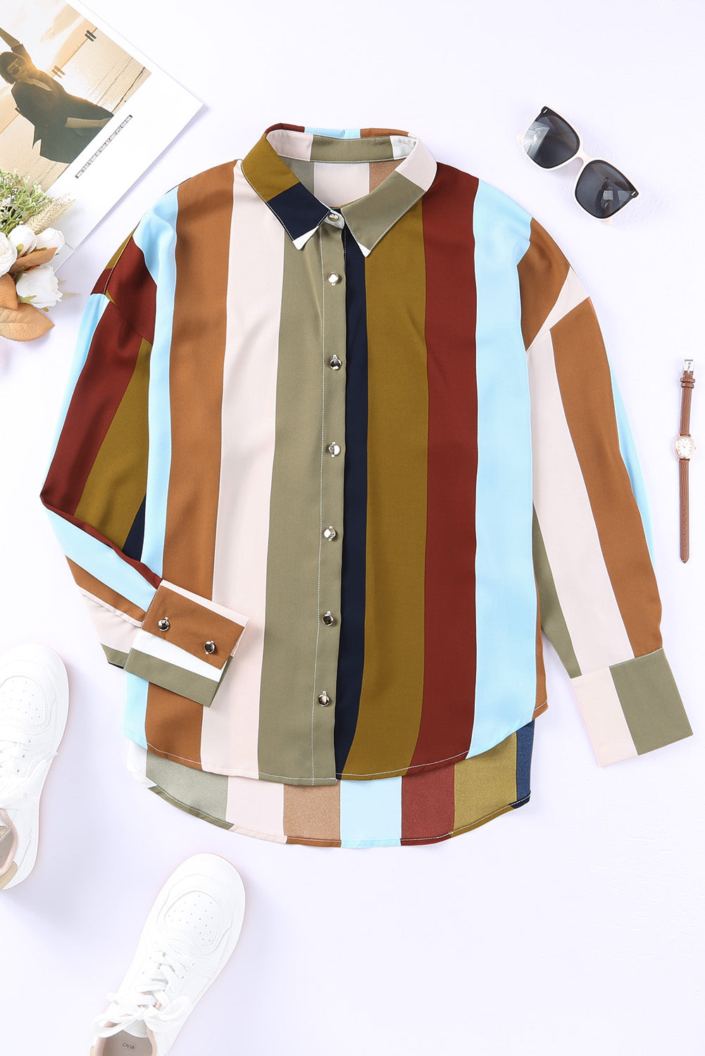 Multicolor Stripe Color Block Oversized Long Sleeve Shirt