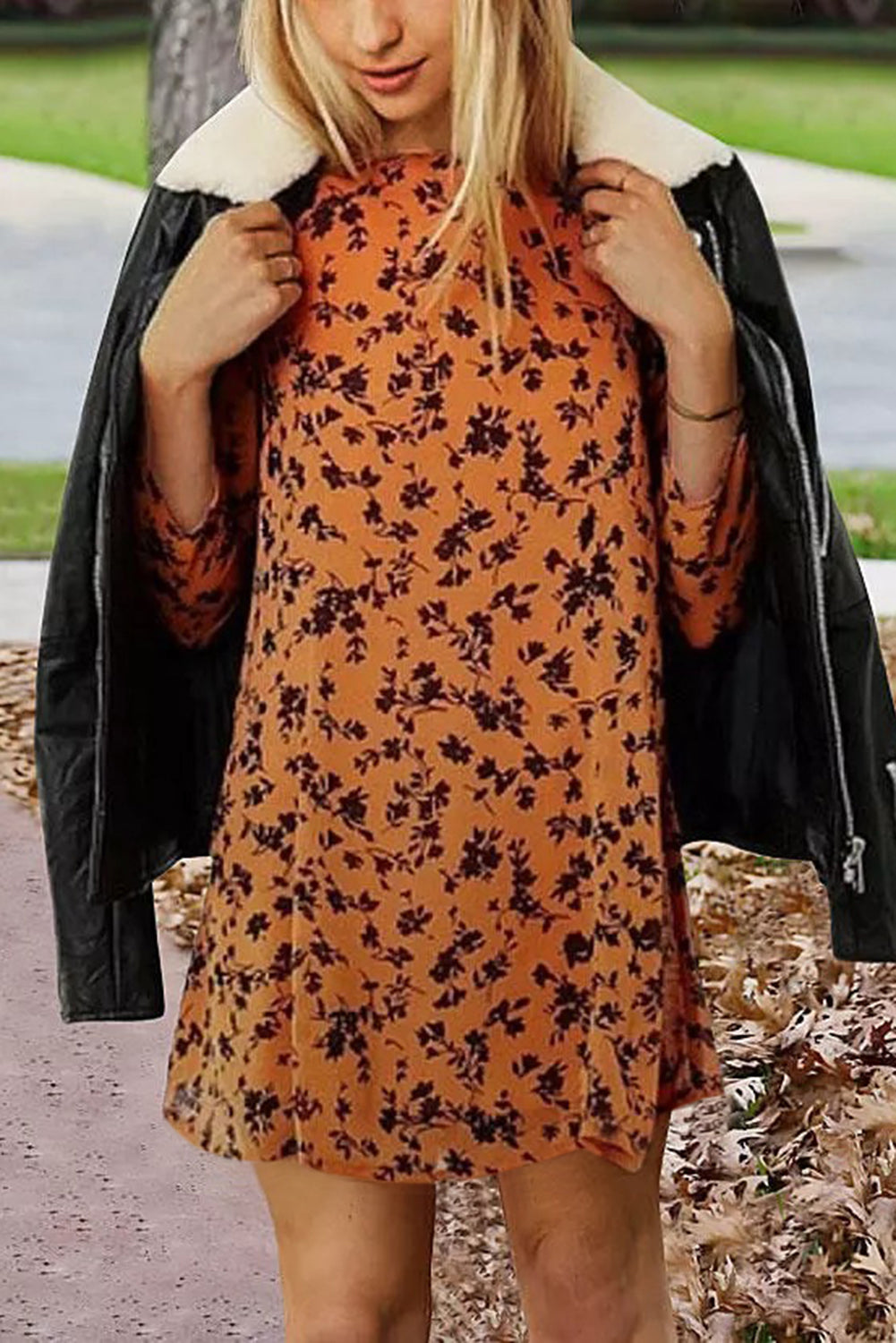 Orange Floral Print O-neck Long Sleeve Mini Dress