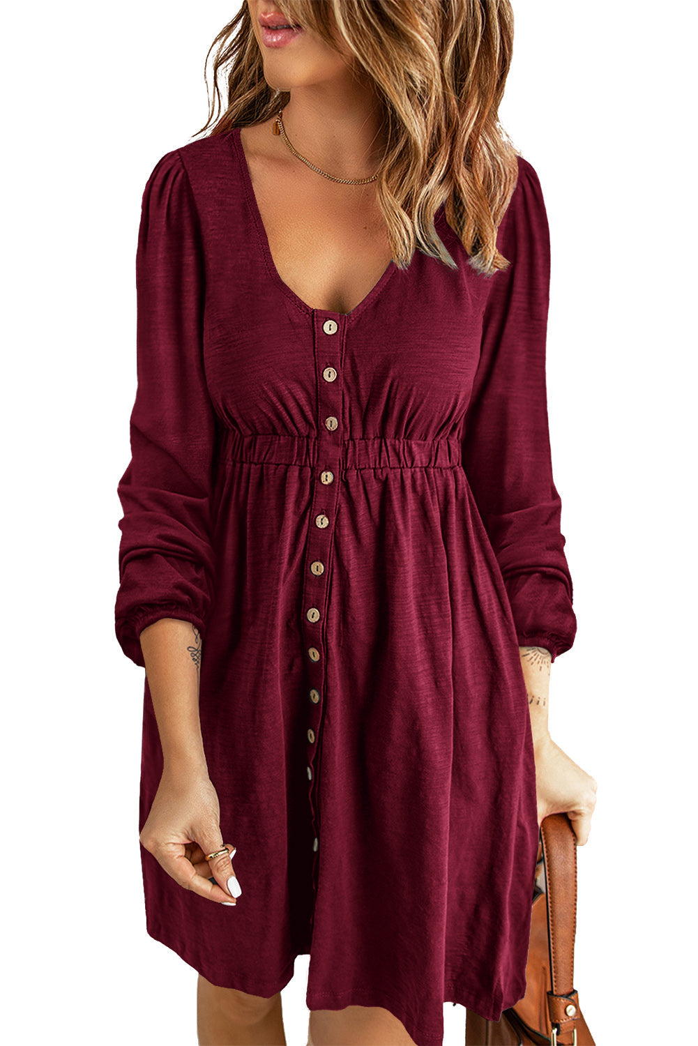 Red Button Up High Waist Long Sleeve Dress