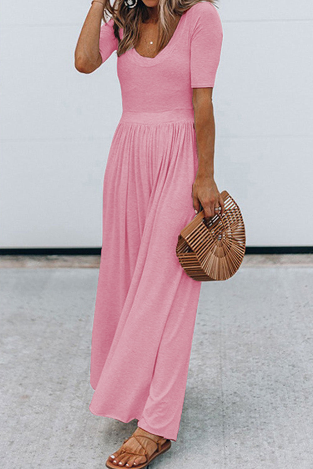 Gray Short Sleeve Bodice Flowy Wide Leg Jumpsuit