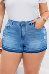 Sky Blue Raw Edge Splicing Distressed Plus Size Denim Shorts