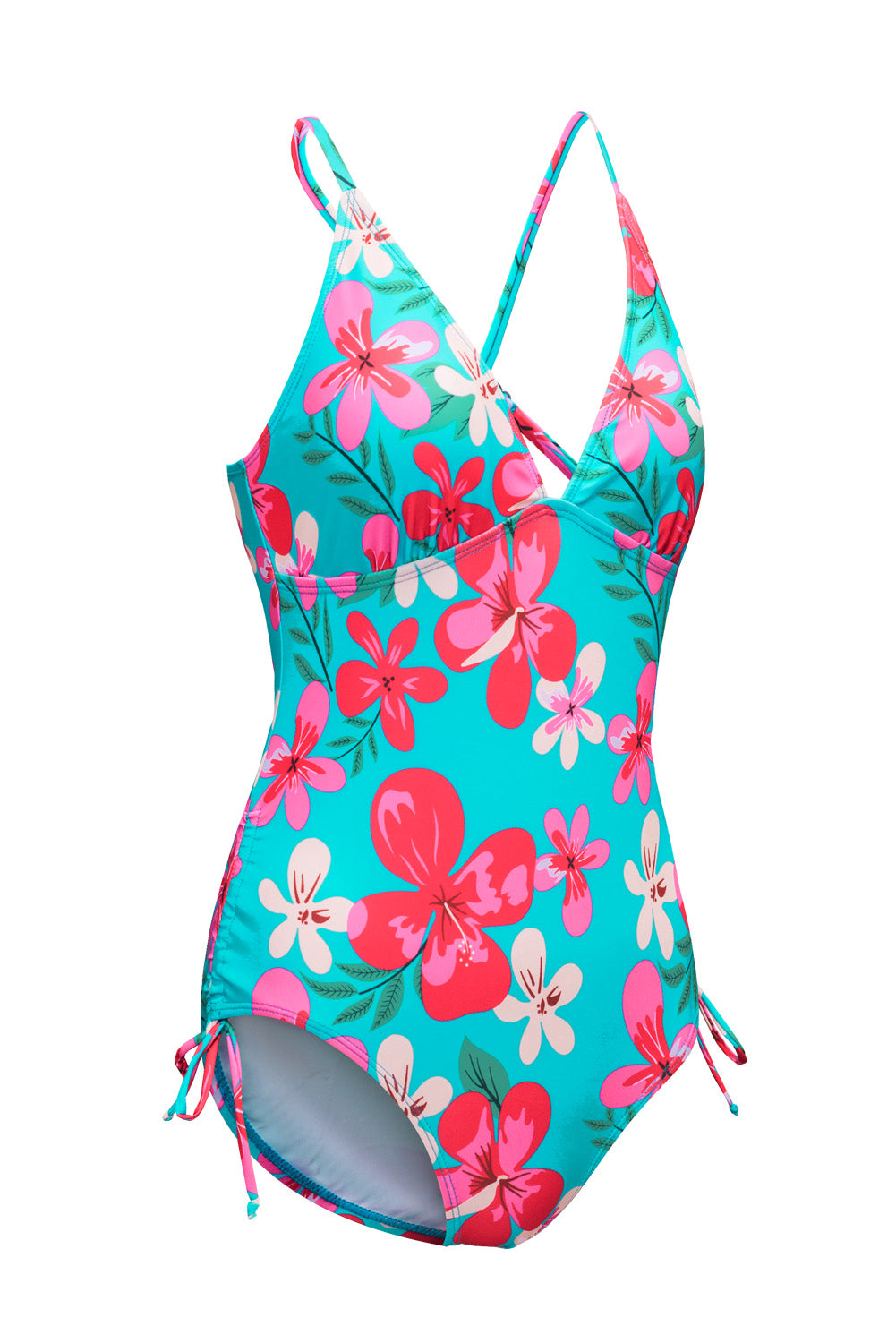 Sky Blue Flower Print Open Back One-piece Swimwear