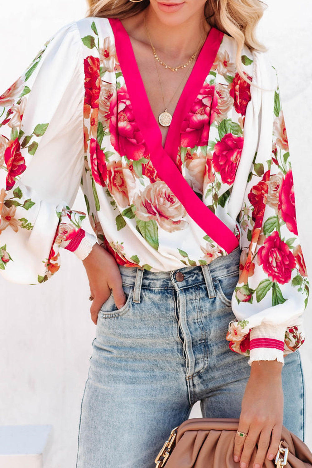 Rose Floral Print V Neck Wrap Bodysuit