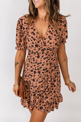 Brown Wrap V Neck Floral Dress with Ruffles