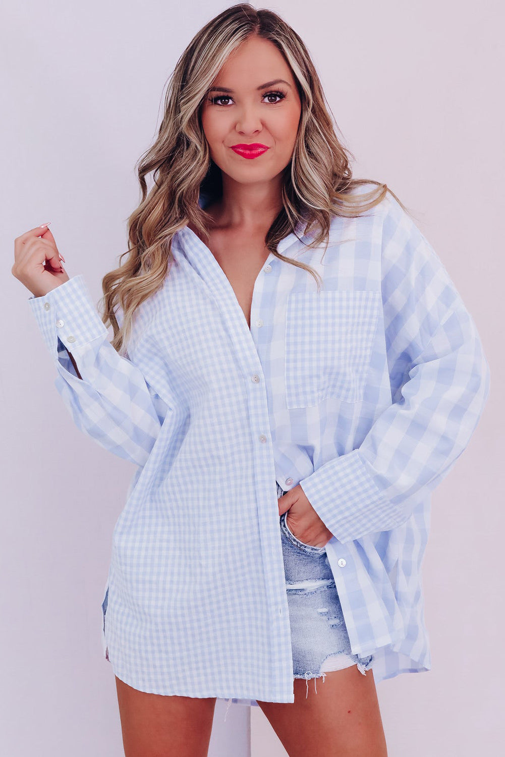 Pink Mix Checked Patchwork Long Sleeve Shirt