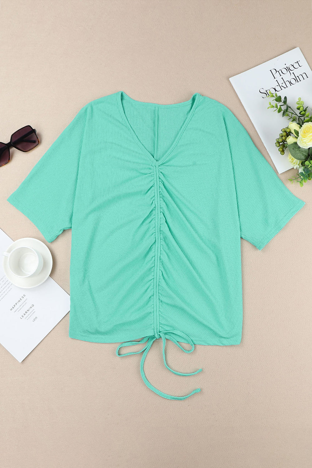 Green Plus Size Ruched Rib Drawstring V Neck Top