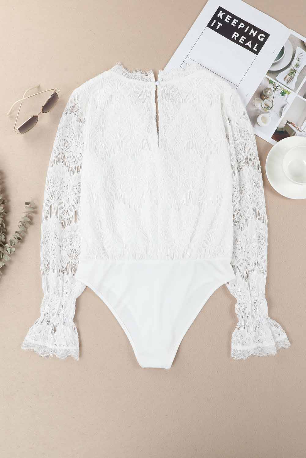 White Lace V Neck Wrap Long Sleeve Bodysuit