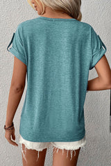 Sky Blue V-Neck Rolled Short Sleeve Henley Top