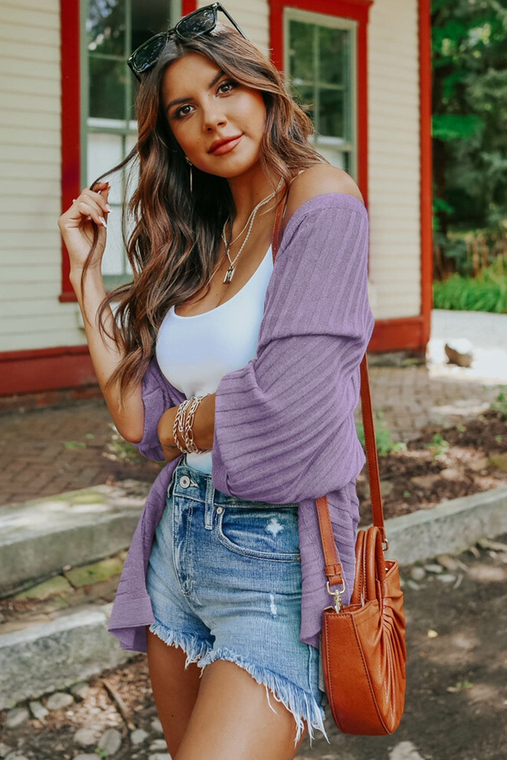 Red Ribbed Open Front Knit Cardigan