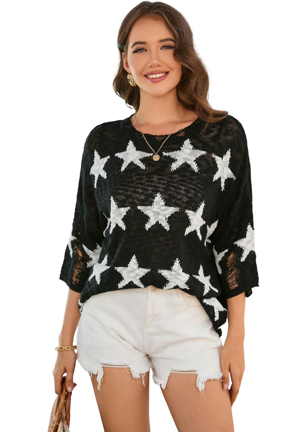 Black Star Print Half Sleeve Distressed Knit Top