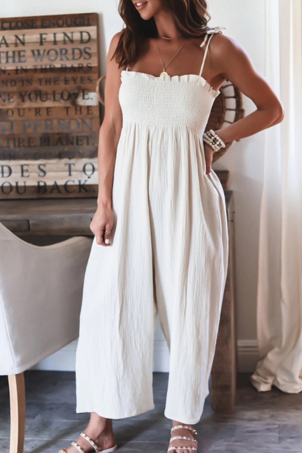 White Smocked Spaghetti Straps High Waist Wide Leg Jumpsuit