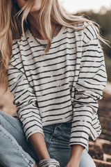 White Retro Striped Casual Long Sleeve Top