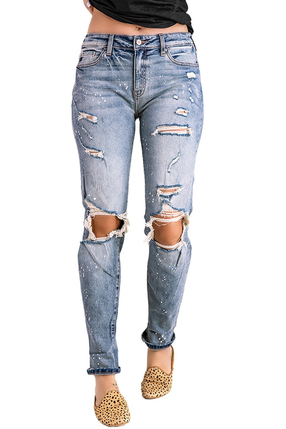 Sky Blue Distressed Faded Splatter Denim Pants