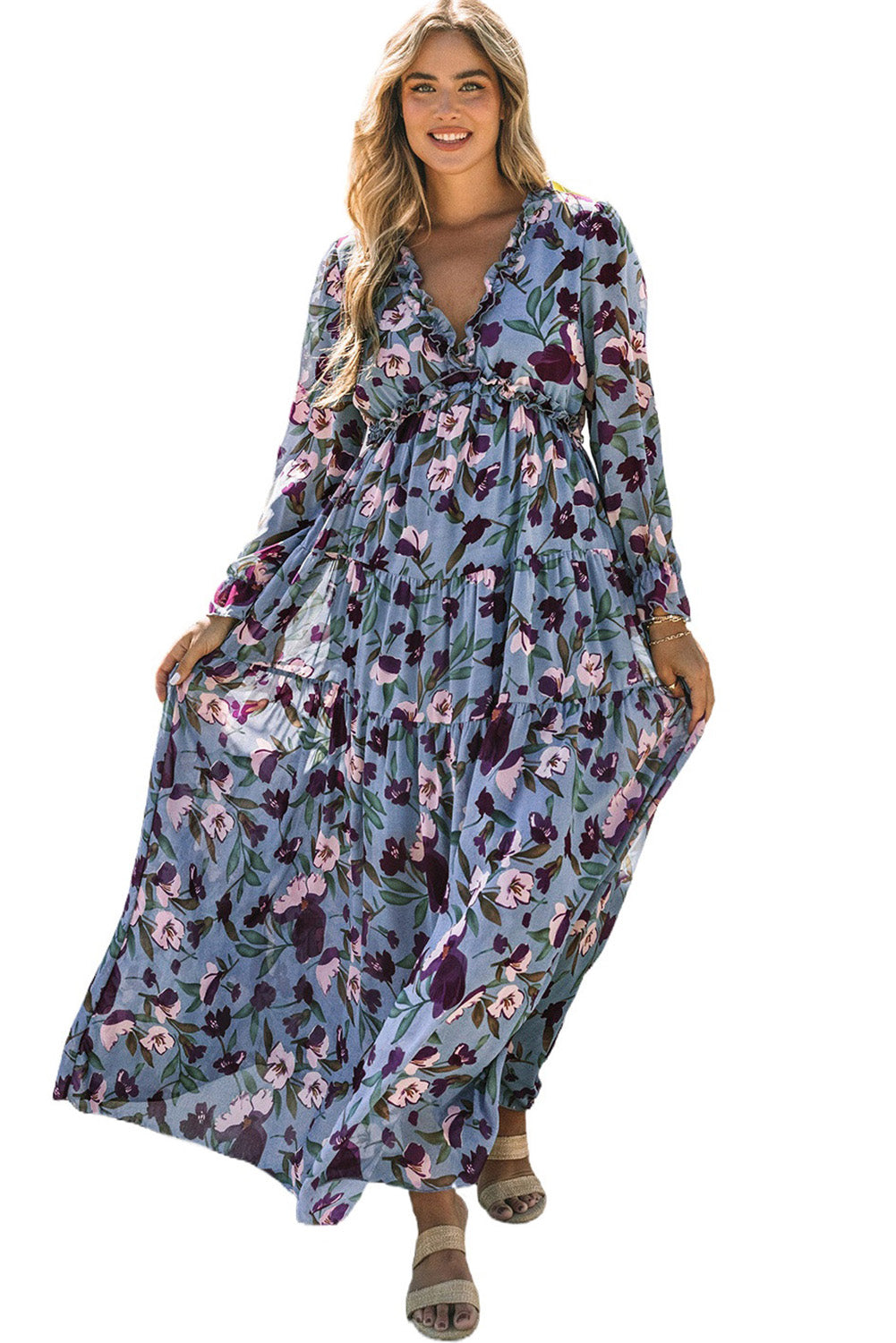 Multicolor Wild Lotus Ruffle Tiered Maxi Dress