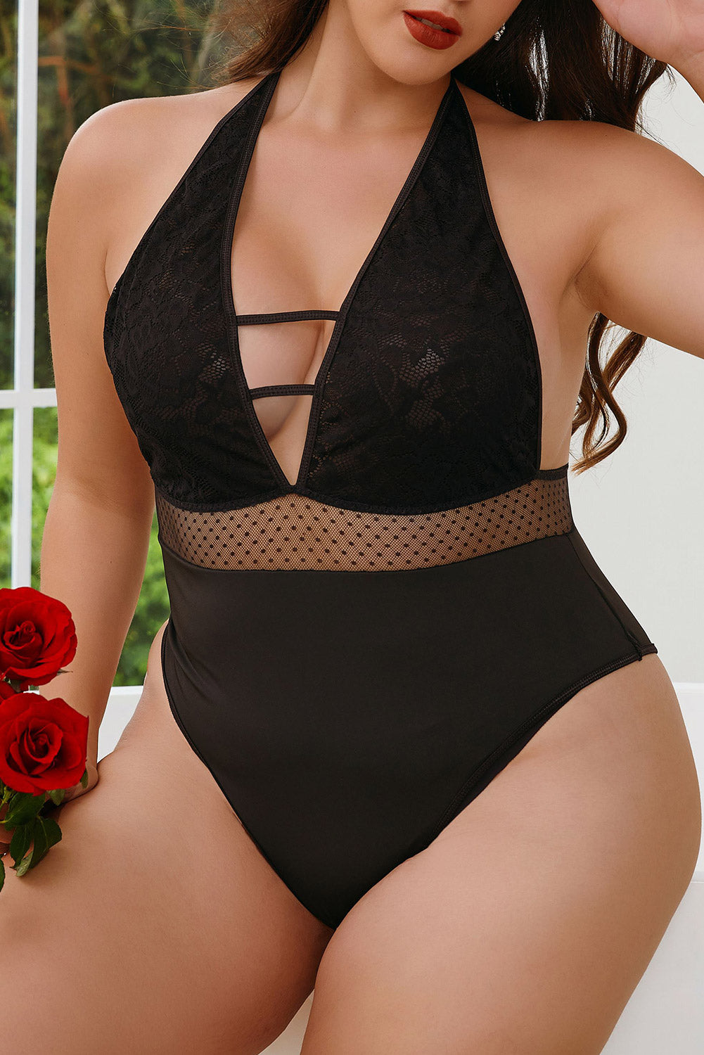 Black Dotty Mesh Floral Lace Plus Size Teddy Lingerie