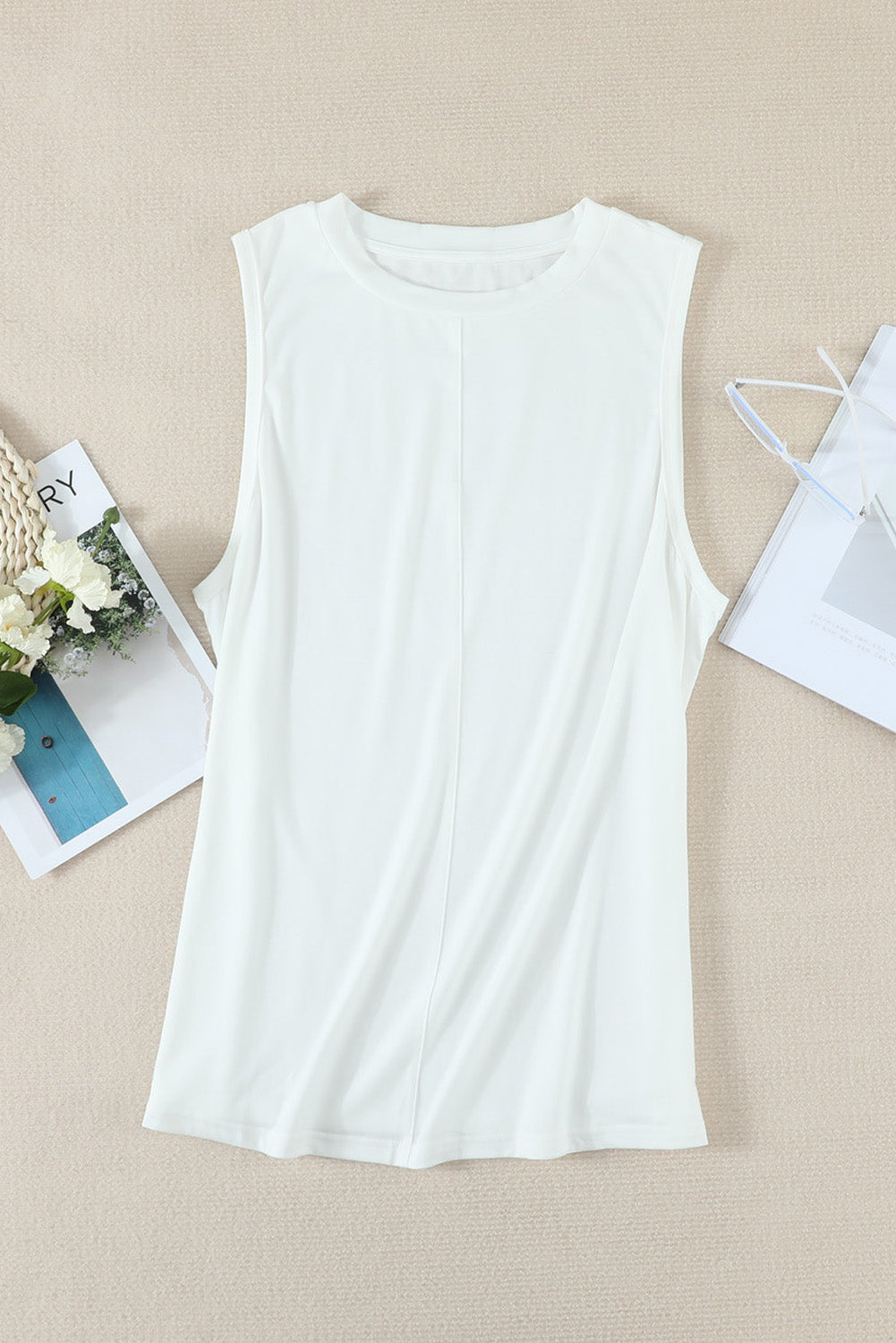 White Solid Color Crewneck Sleeveless Top