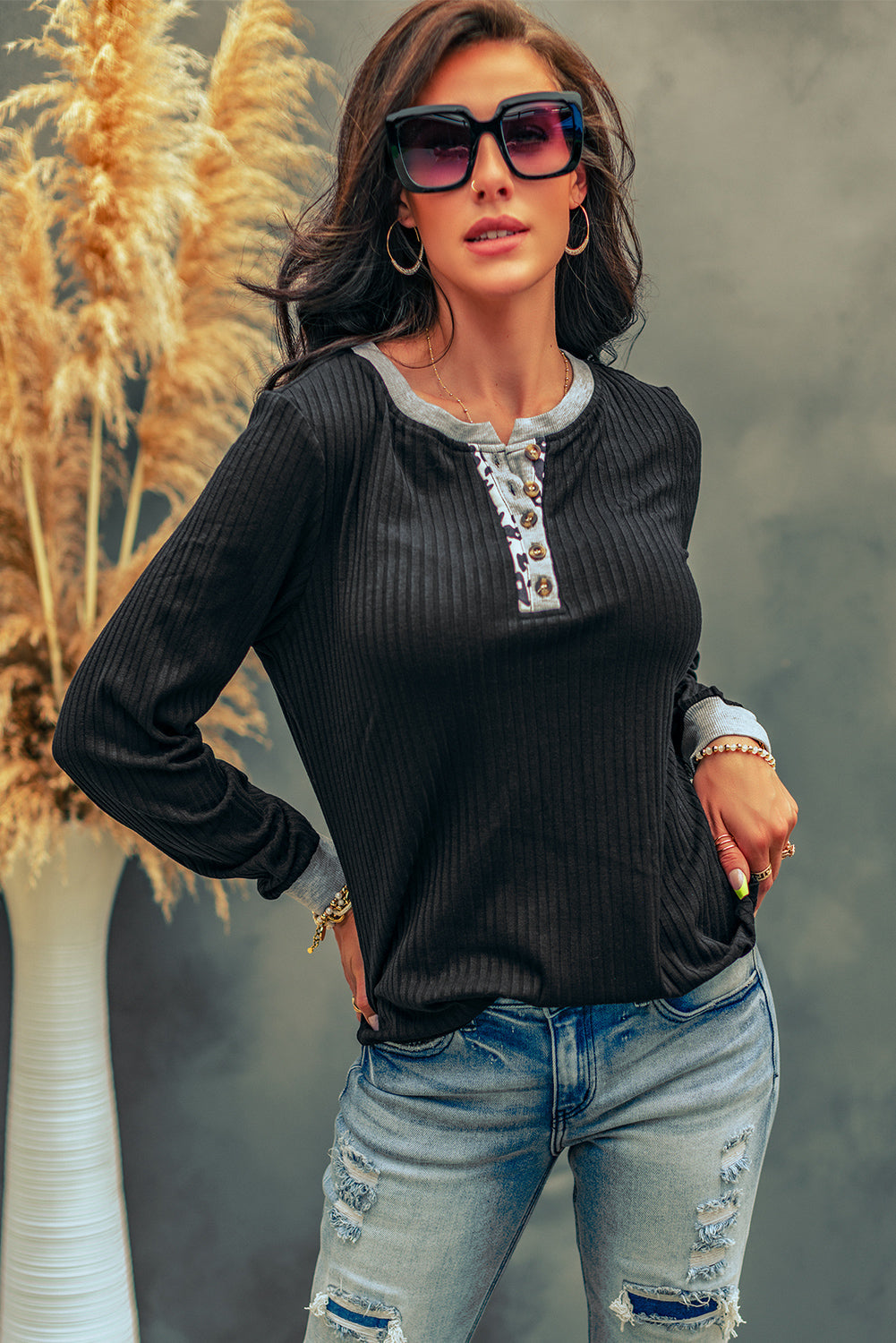 Black Contrast Neckline Ribbed Knit Henley Top