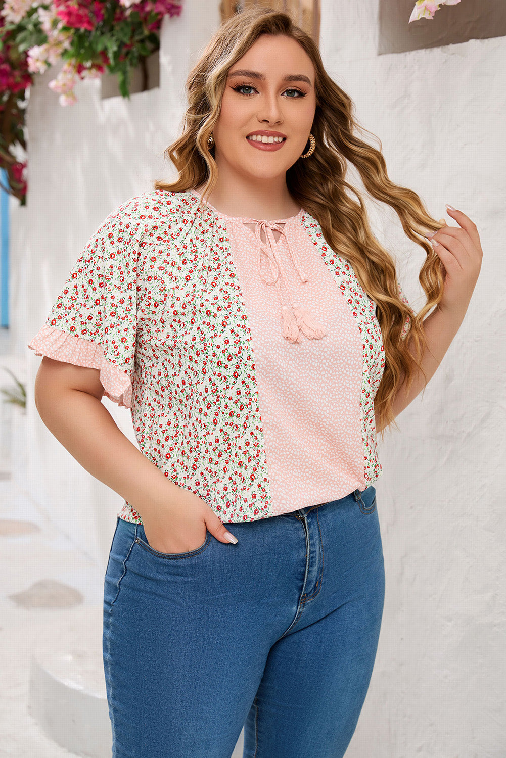 Pink Dotty Floral Patchwork Plus Size Long Sleeve Blouse