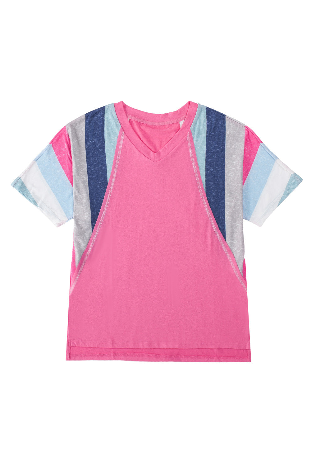 White Stripe Patchwork V Neck T Shirt