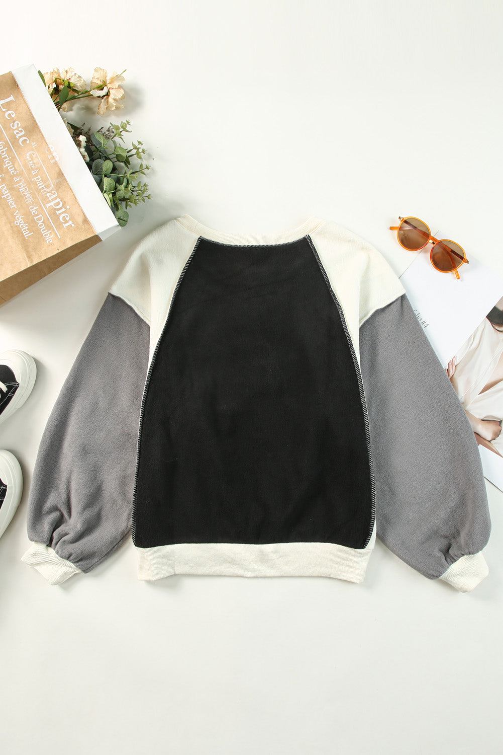 Rose Colorblock Long Sleeve Pullover Fleece Sweatshirt