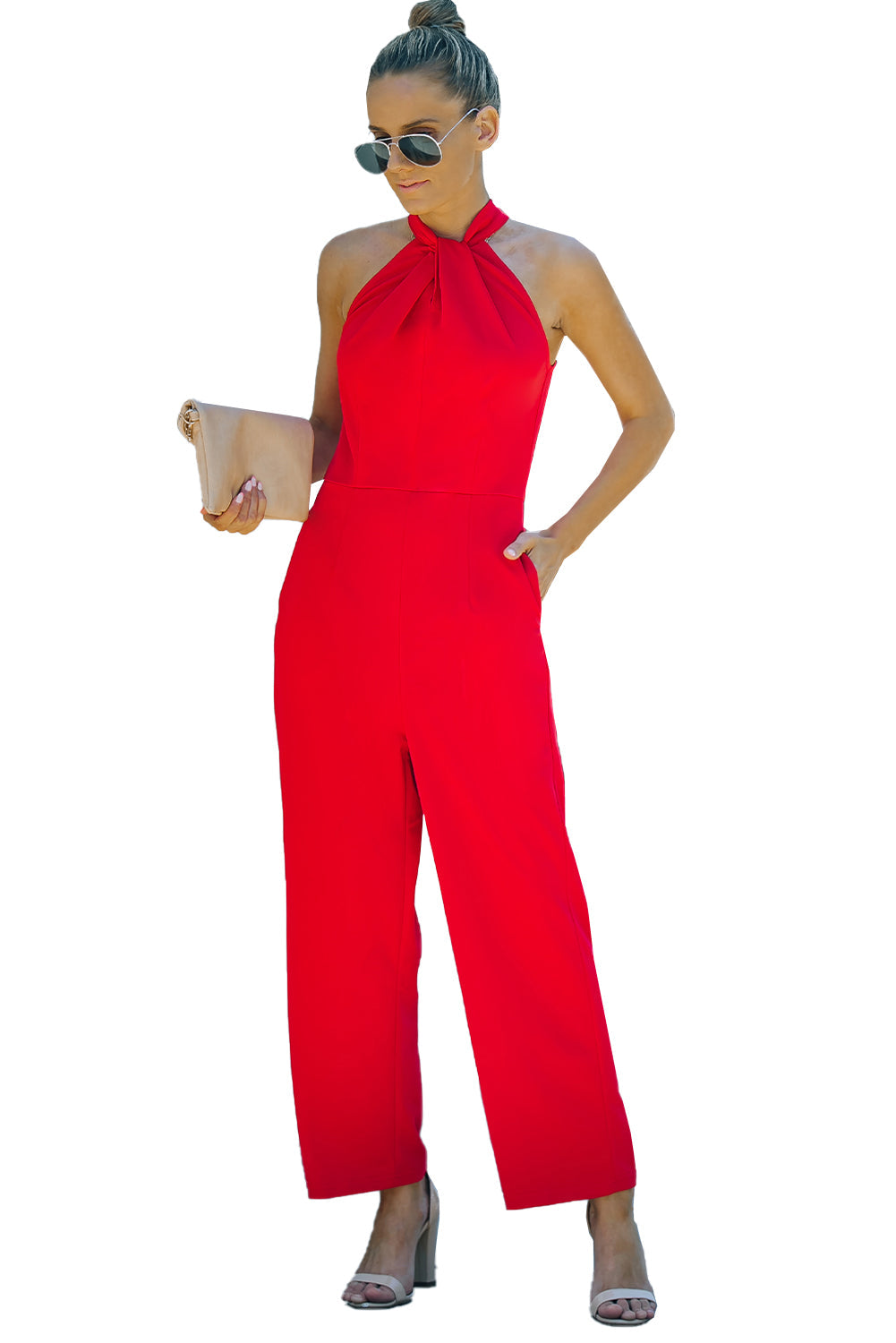 Red Halter Neck Sleeveless Wide Leg Jumpsuit