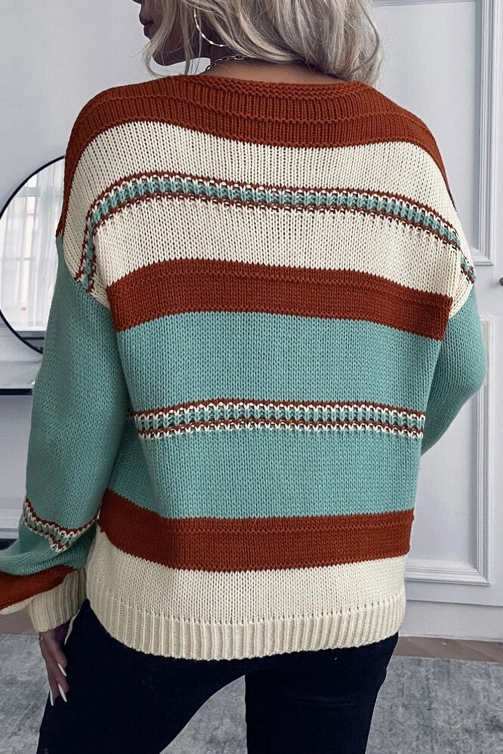 Sky Blue Striped Pattern Knit V Neck Sweater