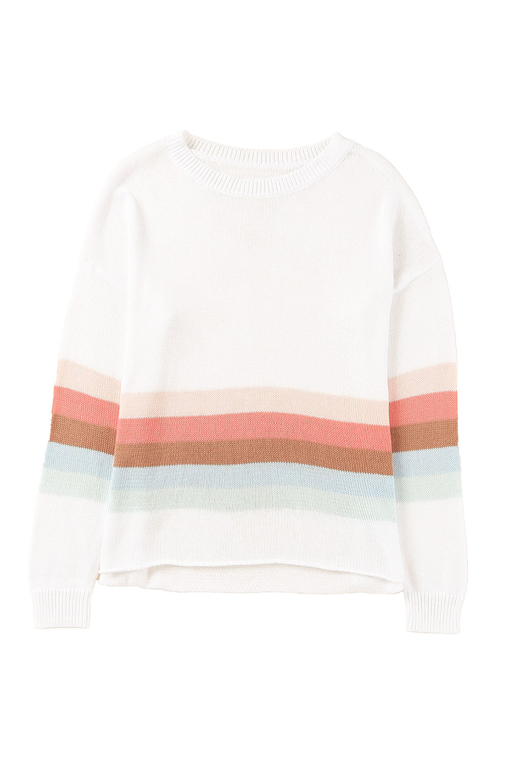 White Ribbed Round Neck Striped Sweater