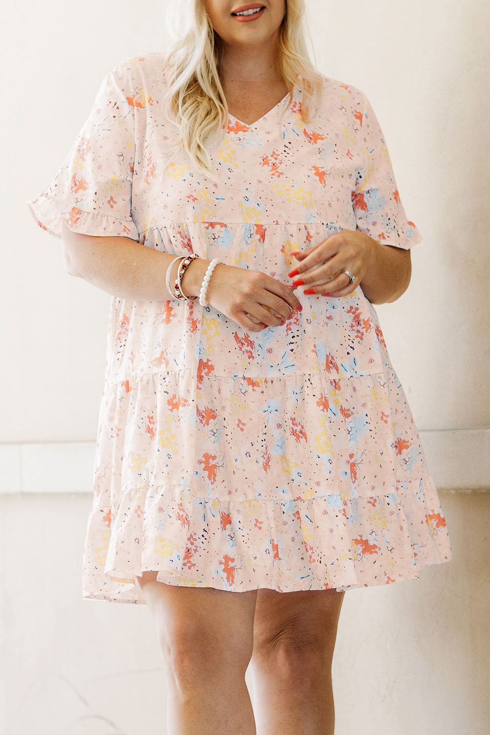 Pink Plus Size Floral Pattern Babydoll Swing Dress