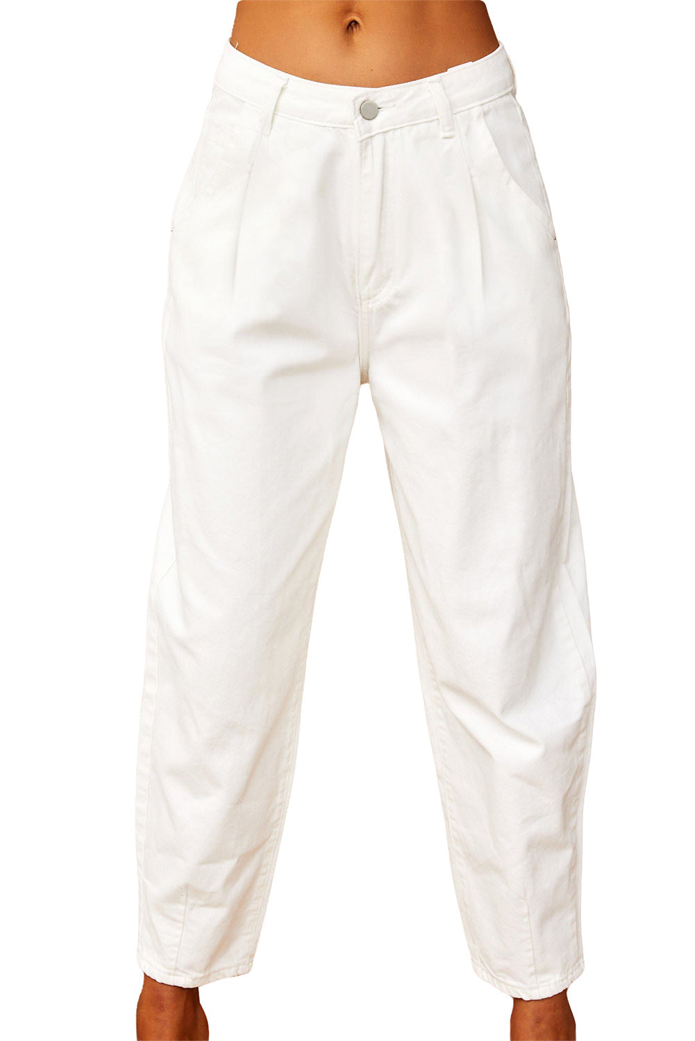 White Solid High Waist Casual Pants