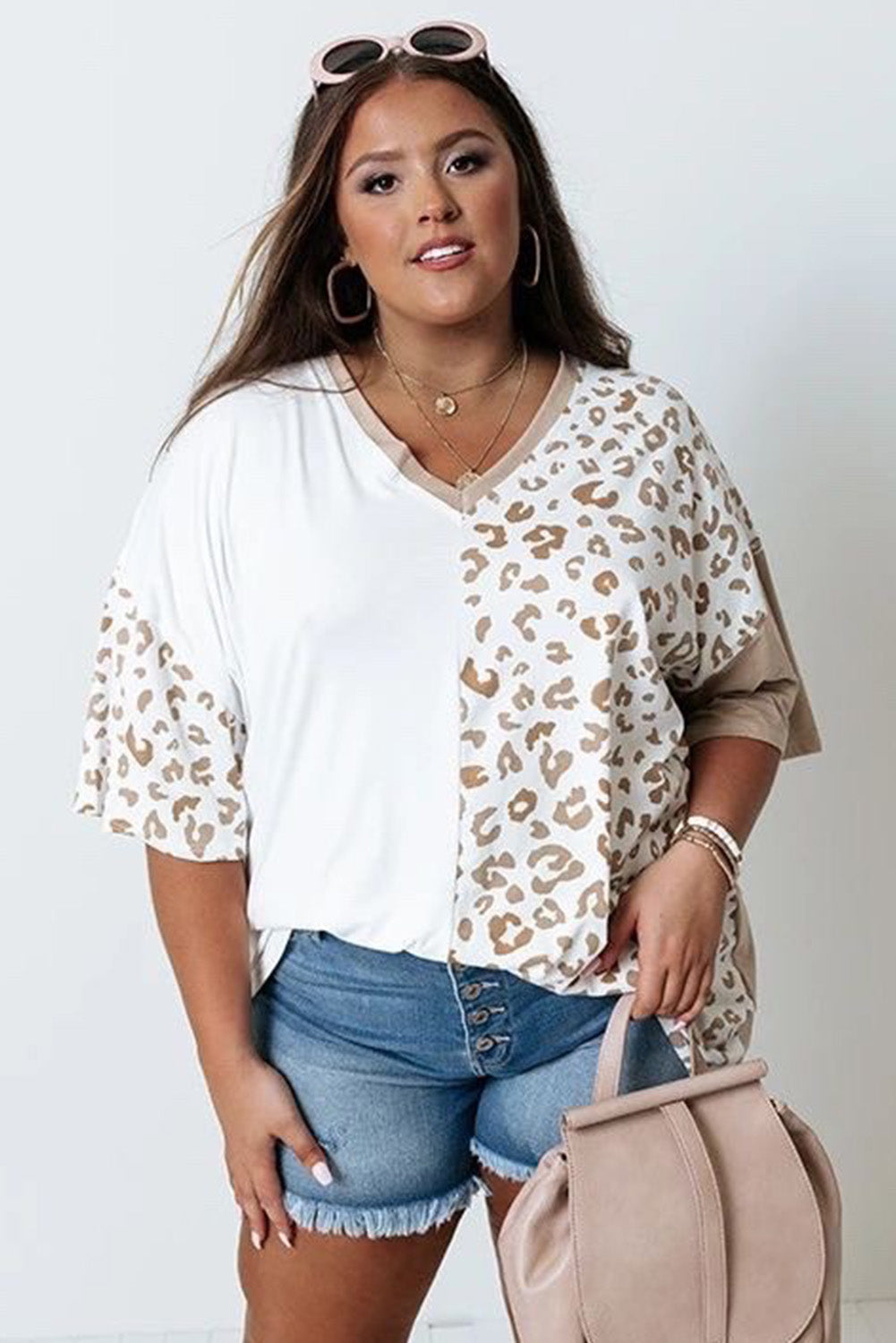 White Plus Size Leopard Patchwork Short Sleeve Top