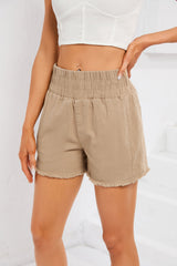 Khaki Smocked Elastic High Waist Casual Shorts