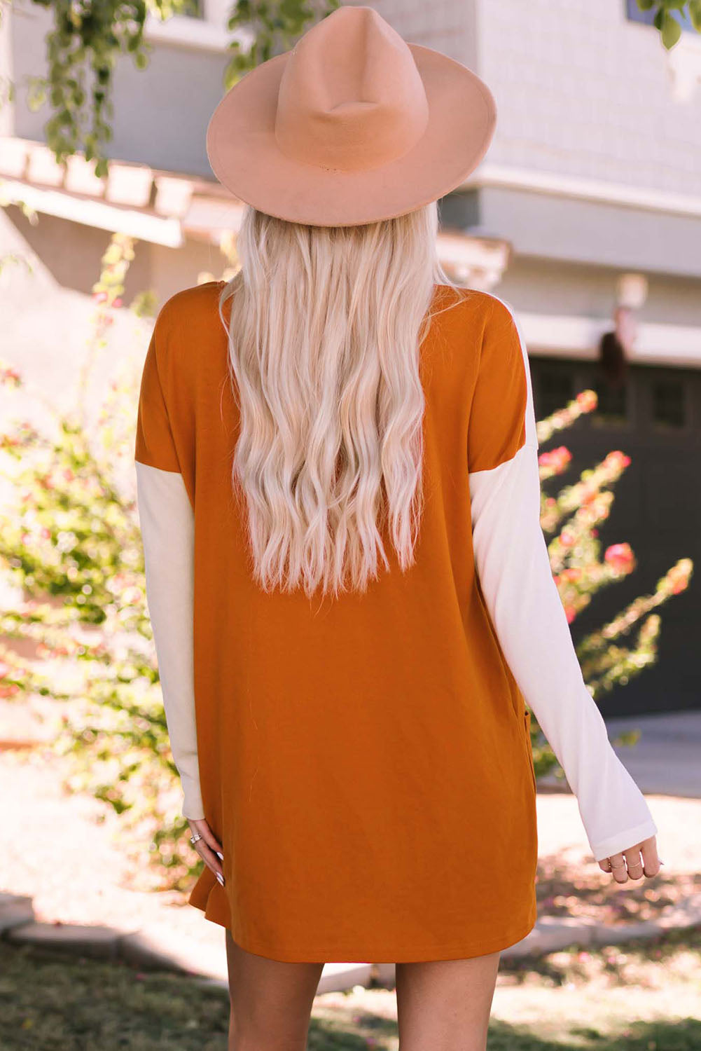 Orange Pocketed Color Block Patchwork Long Sleeve Top