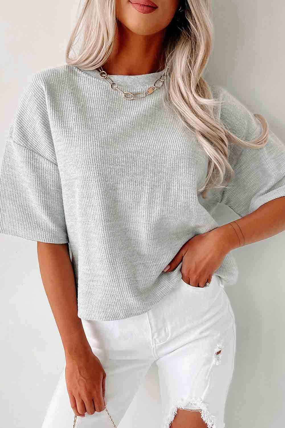 Gray Corded Drop Shoulder Short Sleeve Top