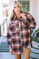 Blue Oversized Flap Pockets Plaid Shacket with Slits