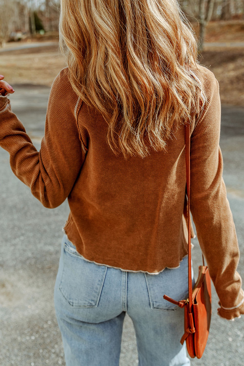 Red Textured Round Neck Long Sleeve Top