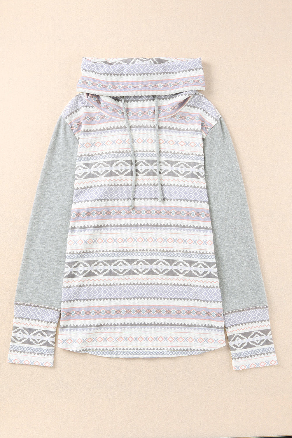 Gray Aztec Print Amicg Knit Cowl Neck Sweatshirt