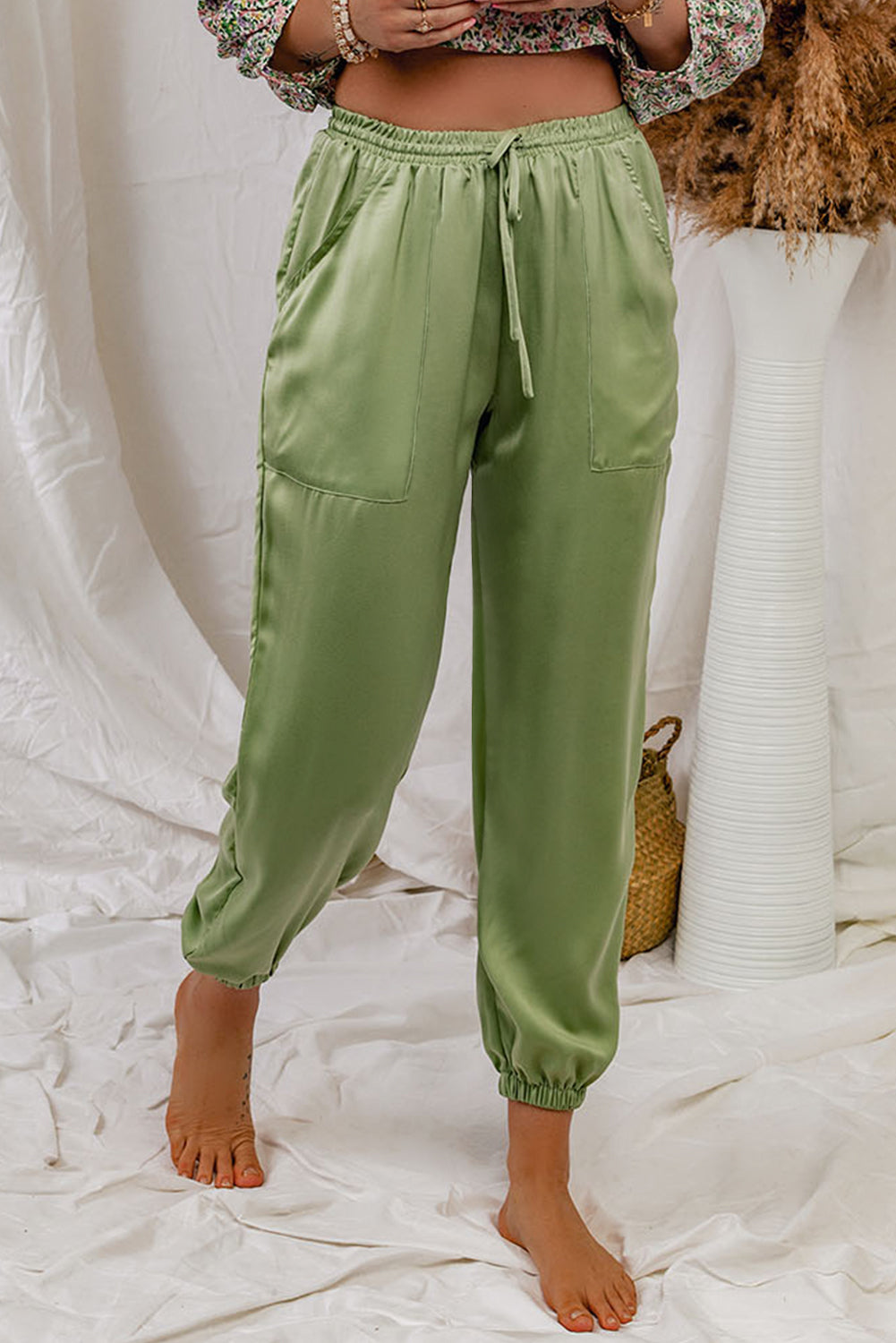 Green Drawstring Pocketed Casual Joggers