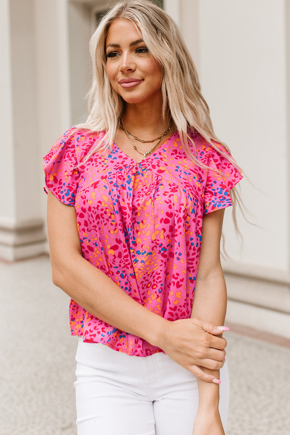 Red Leopard Print V Neck Flutter Sleeve Blouse