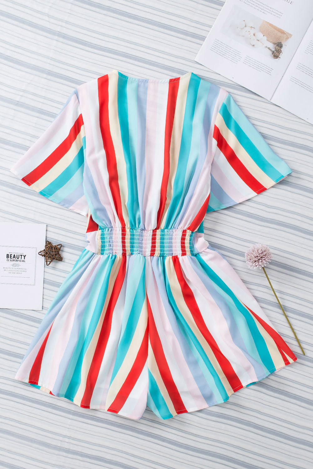 Multicolor Stripe Print Tie V Neck Flowy Romper