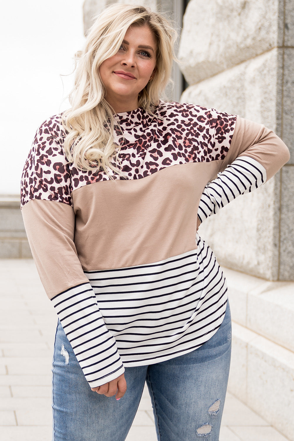 Stripe Leopard Colorblock Striped Long Sleeve Plus Size Top