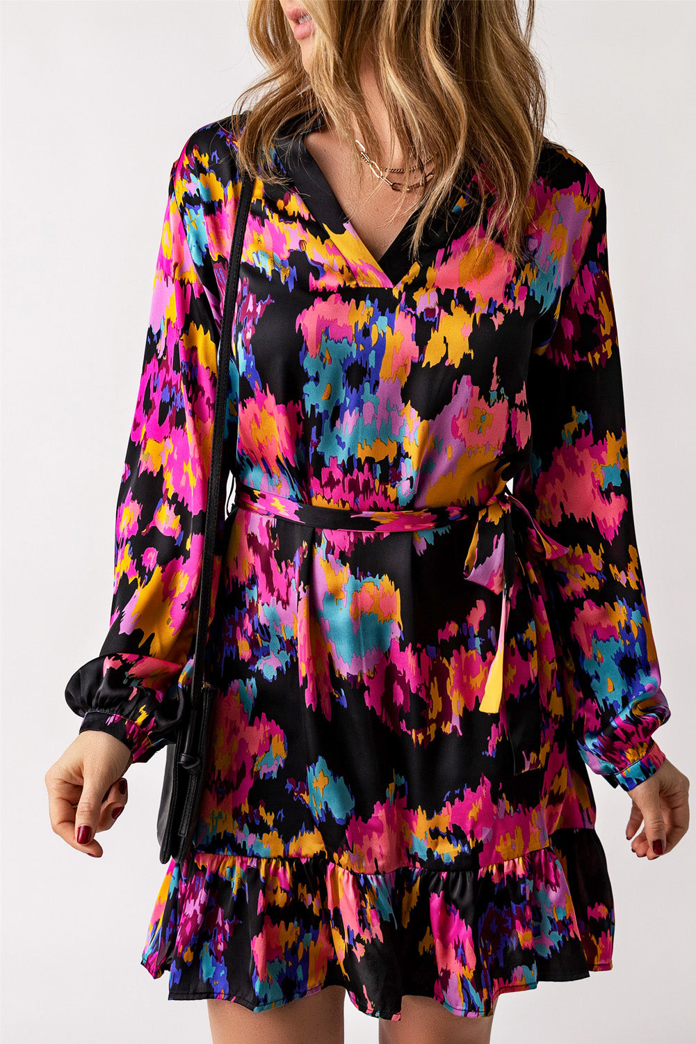 Green Abstract Print Ruffled Drawstring High Waist Mini Dress