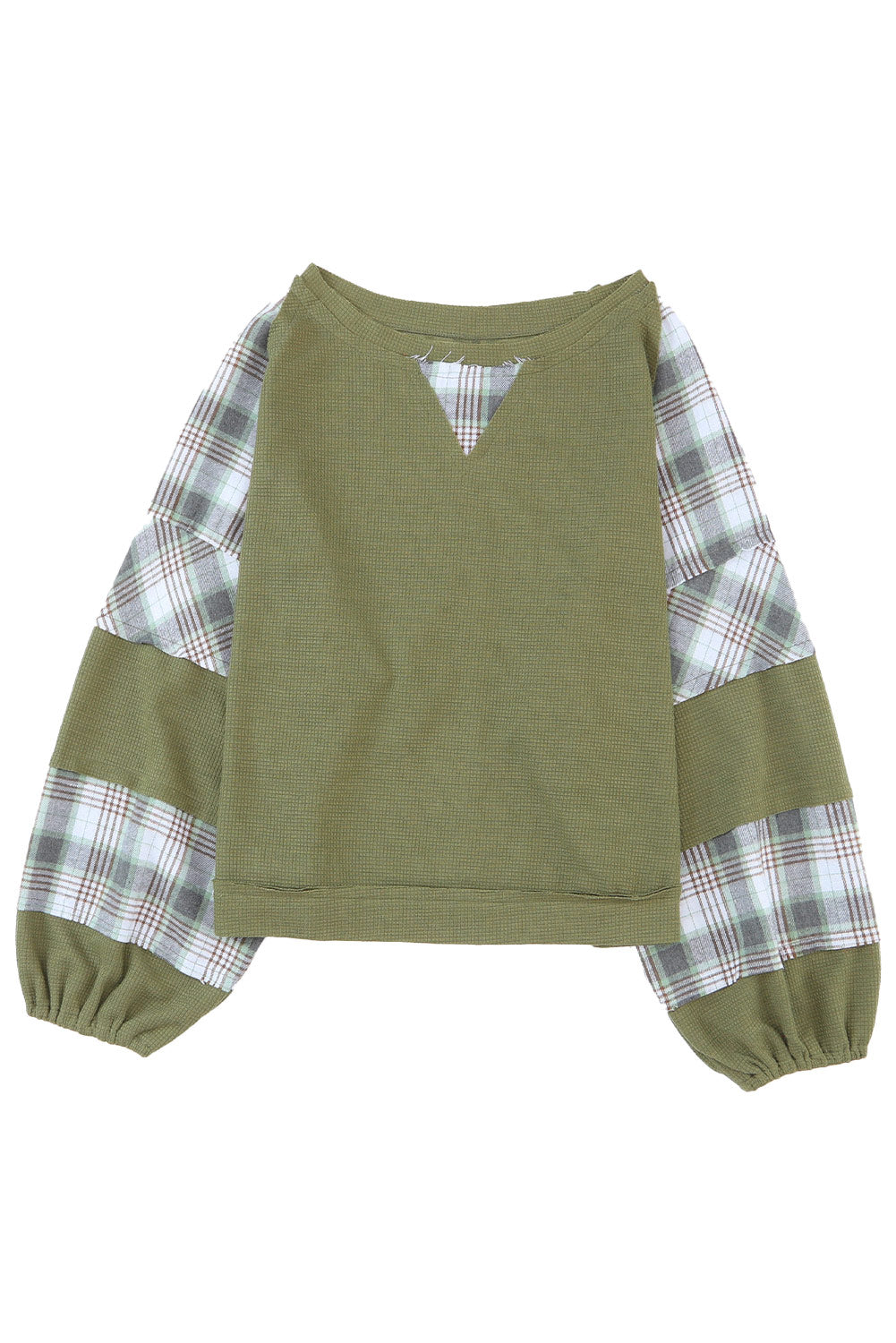 Green Plaid Patch Waffle Knit Exposed Seam Bubble Sleeve Top