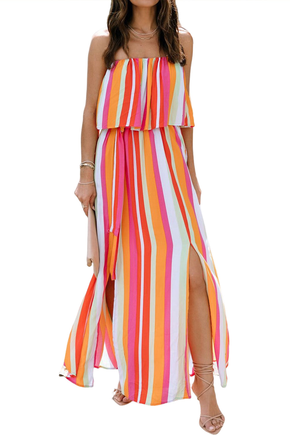 Stripe Overlay Strapless Maxi Dress with Slits