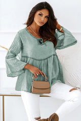 Green Crinkle Lace Up Round Neck Bell Sleeve Blouse