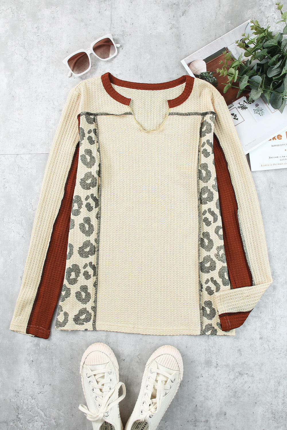 Leopard Colorblock Waffle Knit Long Sleeve Top