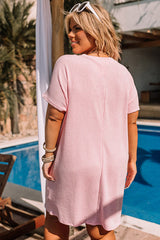 Pink Ribbed Chest Pocket Short Sleeve Plus Size Lounge Dress