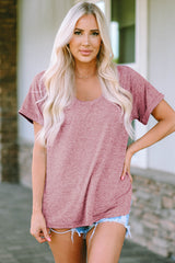 Pink Marble Print Seamed V Neck T-shirt