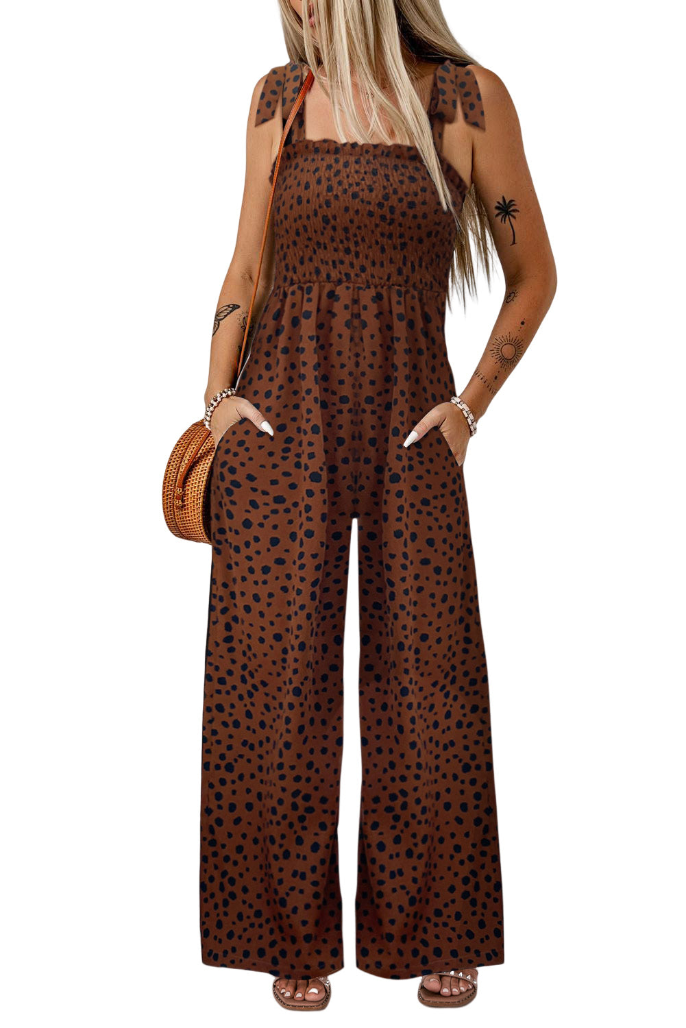 Brown Cheetah Print Smocked Wide Leg Jumpsuit